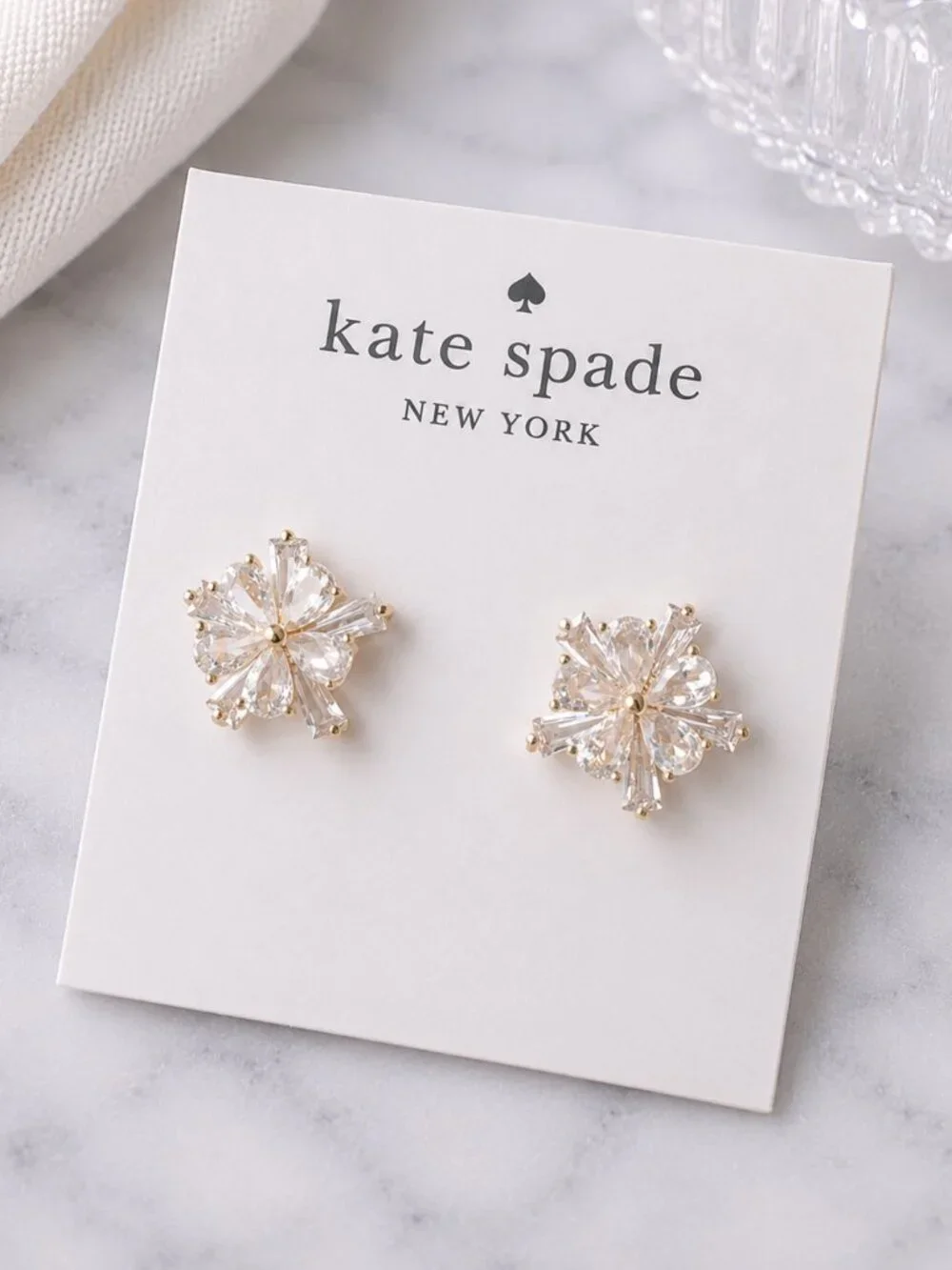 Kate Spade Crystal Flower Stud Earrings Gold Clear Rhinestone Floral Statement